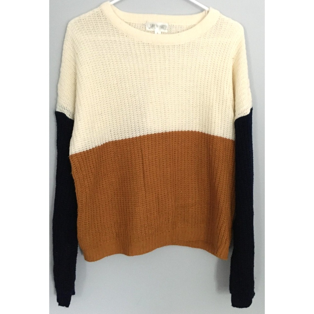 Say What Sweater Womens L Cream Mustard Navy Colorblock Knit Pullover EUC